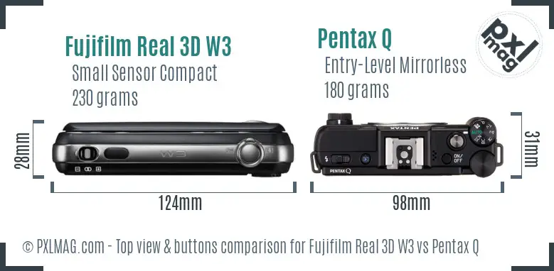 Fujifilm Real 3D W3 vs Pentax Q top view buttons comparison
