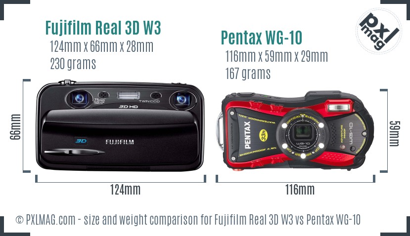 Fujifilm Real 3D W3 vs Pentax WG-10 size comparison