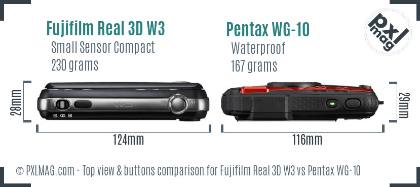 Fujifilm Real 3D W3 vs Pentax WG-10 top view buttons comparison