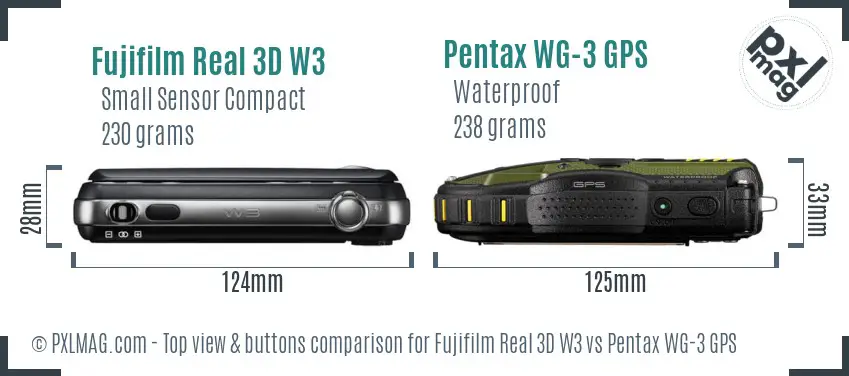 Fujifilm Real 3D W3 vs Pentax WG-3 GPS top view buttons comparison