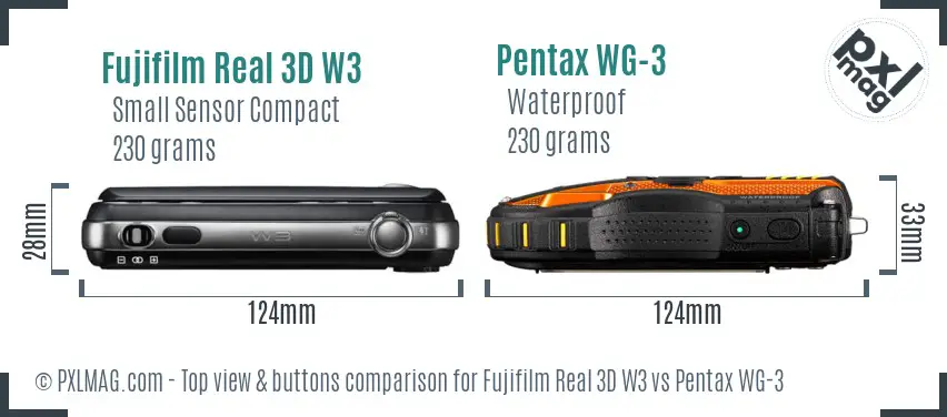 Fujifilm Real 3D W3 vs Pentax WG-3 top view buttons comparison Fujifilm Real 3D W3 vs Pentax WG-3 top view buttons comparison