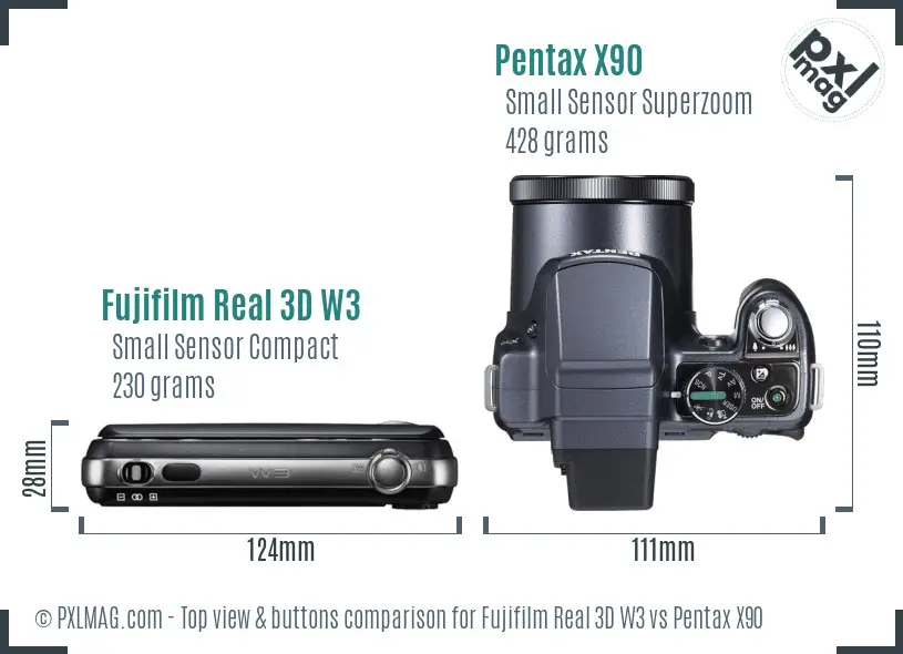 Fujifilm Real 3D W3 vs Pentax X90 top view buttons comparison Fujifilm Real 3D W3 vs Pentax X90 top view buttons comparison