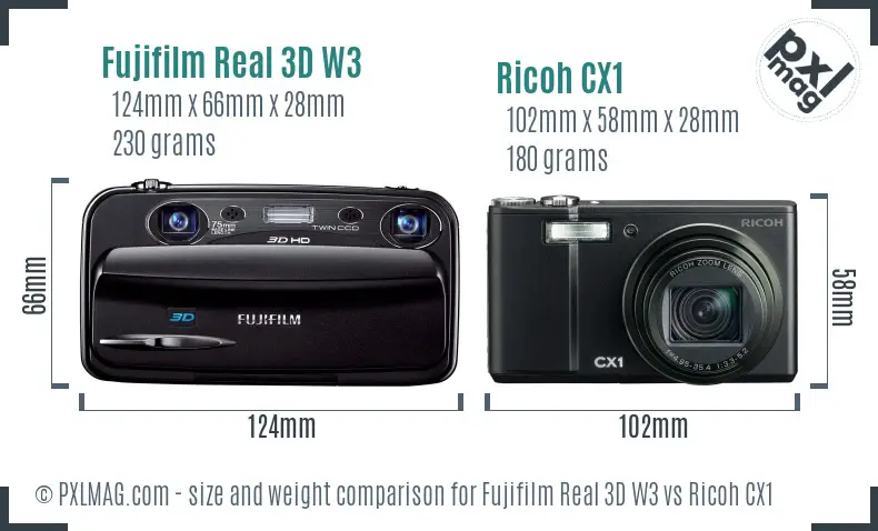 Fujifilm Real 3D W3 vs Ricoh CX1 size comparison
