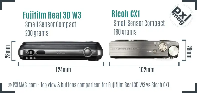 Fujifilm Real 3D W3 vs Ricoh CX1 top view buttons comparison