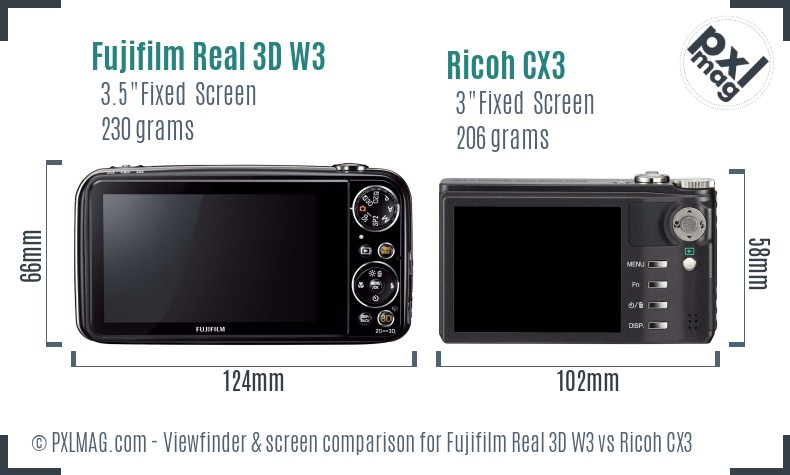 Fujifilm Real 3D W3 vs Ricoh CX3 Screen and Viewfinder comparison