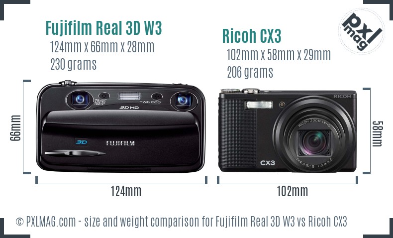 Fujifilm Real 3D W3 vs Ricoh CX3 size comparison