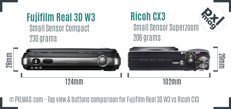 Fujifilm Real 3D W3 vs Ricoh CX3 top view buttons comparison