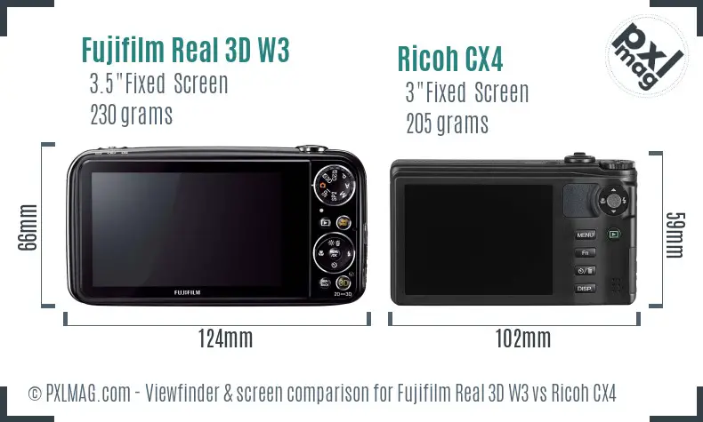 Fujifilm Real 3D W3 vs Ricoh CX4 Screen and Viewfinder comparison