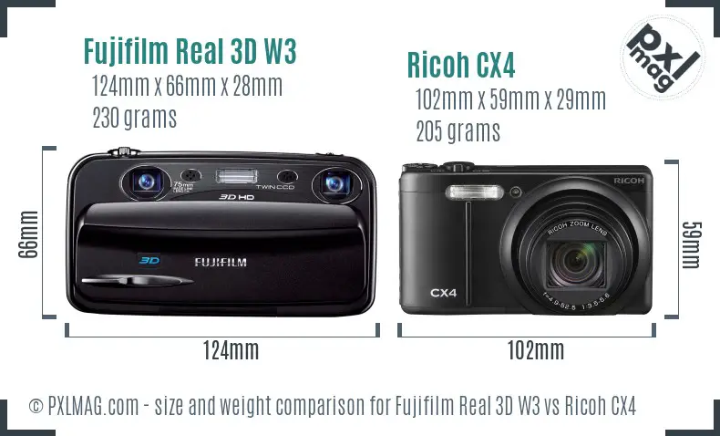 Fujifilm Real 3D W3 vs Ricoh CX4 size comparison