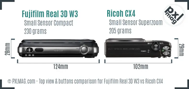 Fujifilm Real 3D W3 vs Ricoh CX4 top view buttons comparison