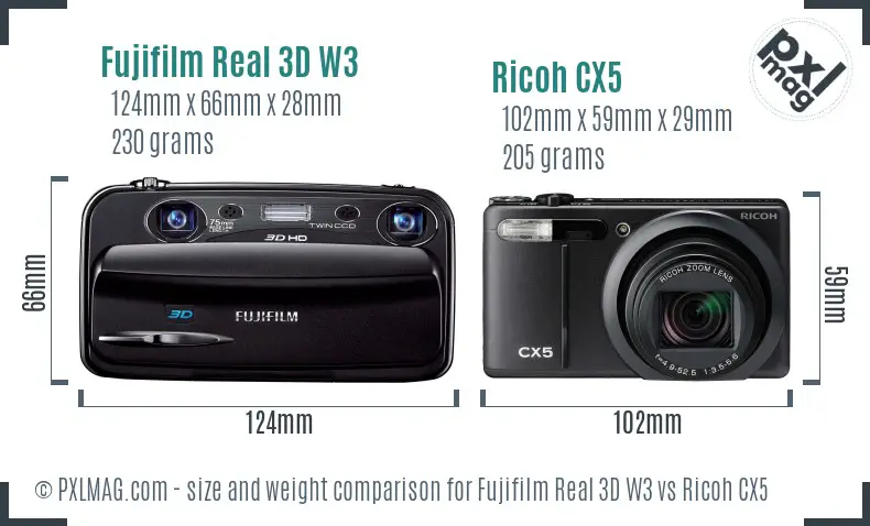 Fujifilm Real 3D W3 vs Ricoh CX5 size comparison Fujifilm Real 3D W3 vs Ricoh CX5 size comparison