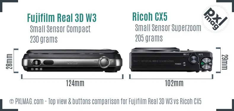 Fujifilm Real 3D W3 vs Ricoh CX5 top view buttons comparison Fujifilm Real 3D W3 vs Ricoh CX5 top view buttons comparison