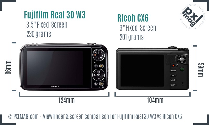 Fujifilm Real 3D W3 vs Ricoh CX6 Screen and Viewfinder comparison