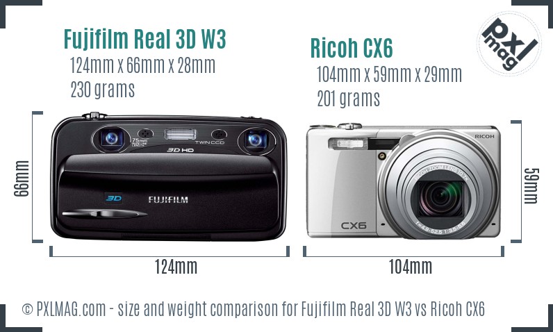Fujifilm Real 3D W3 vs Ricoh CX6 size comparison Fujifilm Real 3D W3 vs Ricoh CX6 size comparison