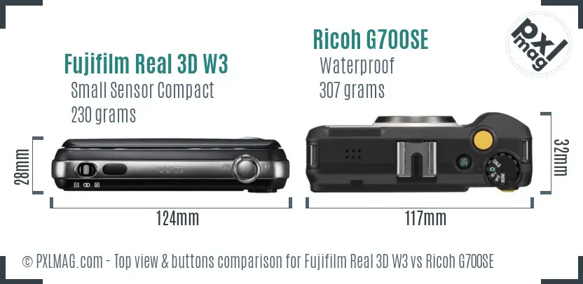 Fujifilm Real 3D W3 vs Ricoh G700SE top view buttons comparison