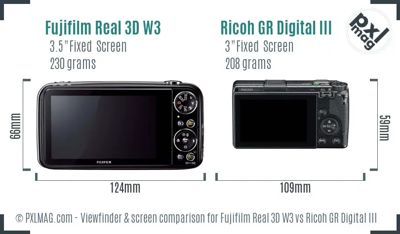 Fujifilm Real 3D W3 vs Ricoh GR Digital III Screen and Viewfinder comparison