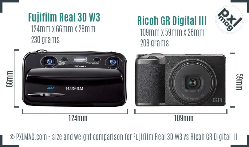 Fujifilm Real 3D W3 vs Ricoh GR Digital III size comparison