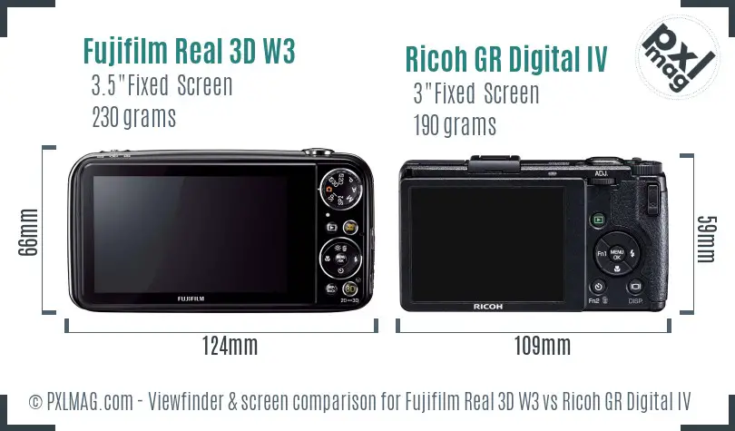 Fujifilm Real 3D W3 vs Ricoh GR Digital IV Screen and Viewfinder comparison