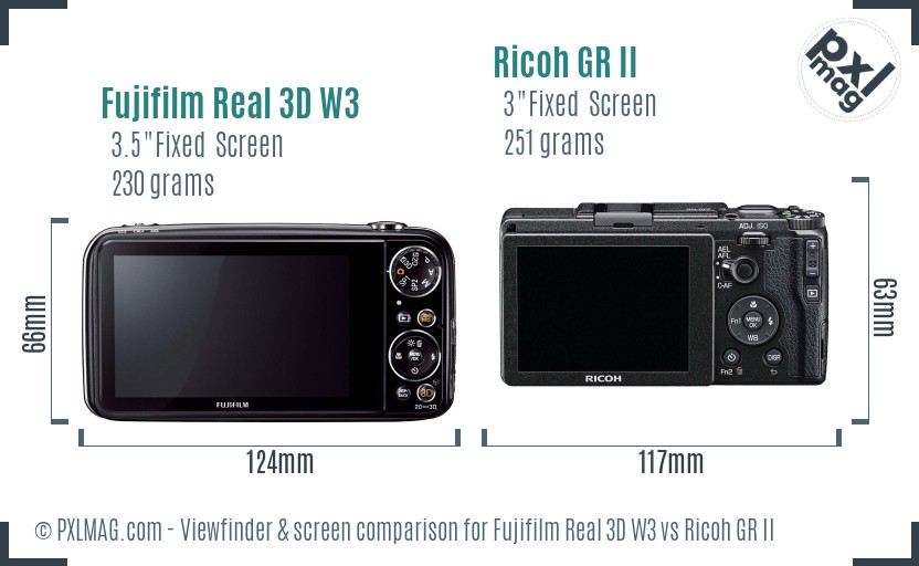 Fujifilm Real 3D W3 vs Ricoh GR II Screen and Viewfinder comparison