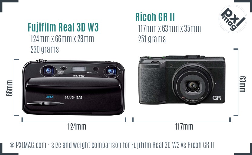 Fujifilm Real 3D W3 vs Ricoh GR II size comparison Fujifilm Real 3D W3 vs Ricoh GR II size comparison