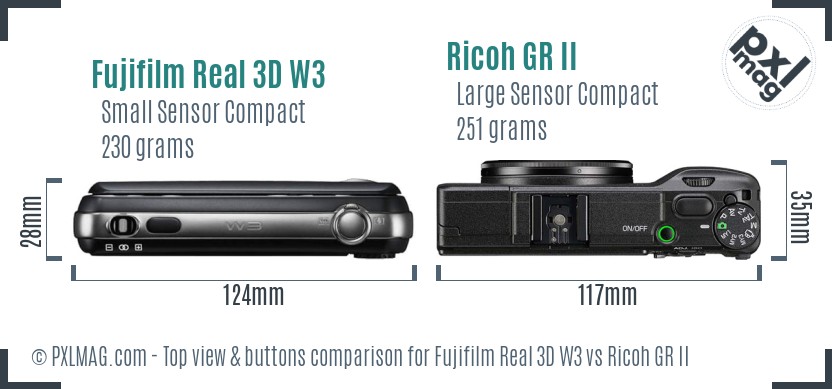Fujifilm Real 3D W3 vs Ricoh GR II top view buttons comparison