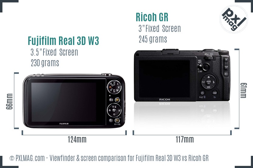 Fujifilm Real 3D W3 vs Ricoh GR Screen and Viewfinder comparison