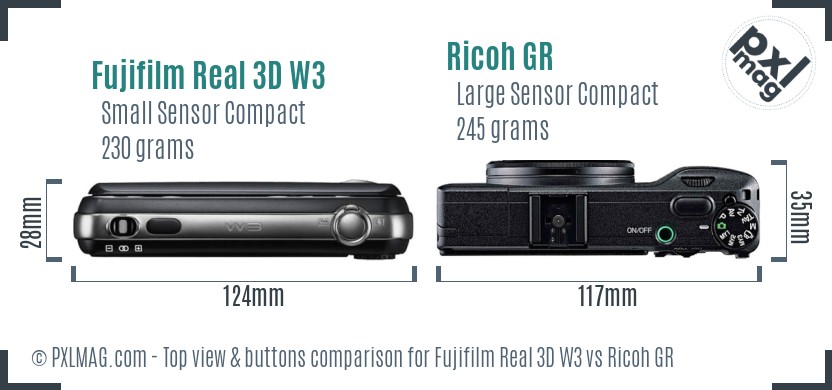 Fujifilm Real 3D W3 vs Ricoh GR top view buttons comparison