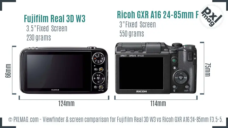 Fujifilm Real 3D W3 vs Ricoh GXR A16 24-85mm F3.5-5.5 Screen and Viewfinder comparison