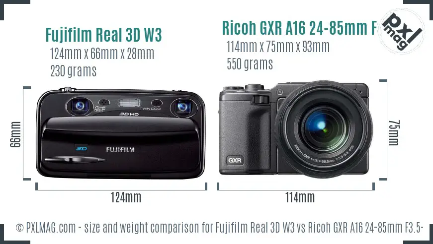 Fujifilm Real 3D W3 vs Ricoh GXR A16 24-85mm F3.5-5.5 size comparison