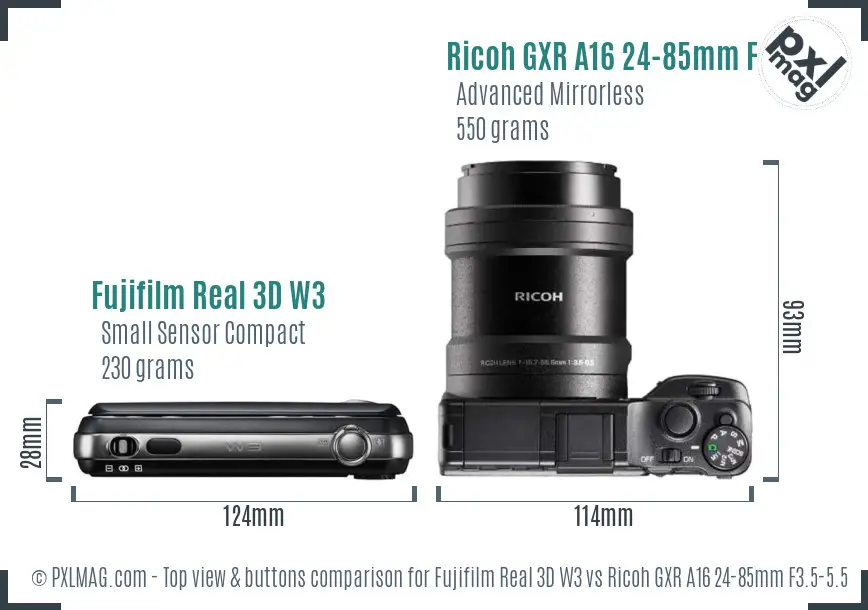 Fujifilm Real 3D W3 vs Ricoh GXR A16 24-85mm F3.5-5.5 top view buttons comparison