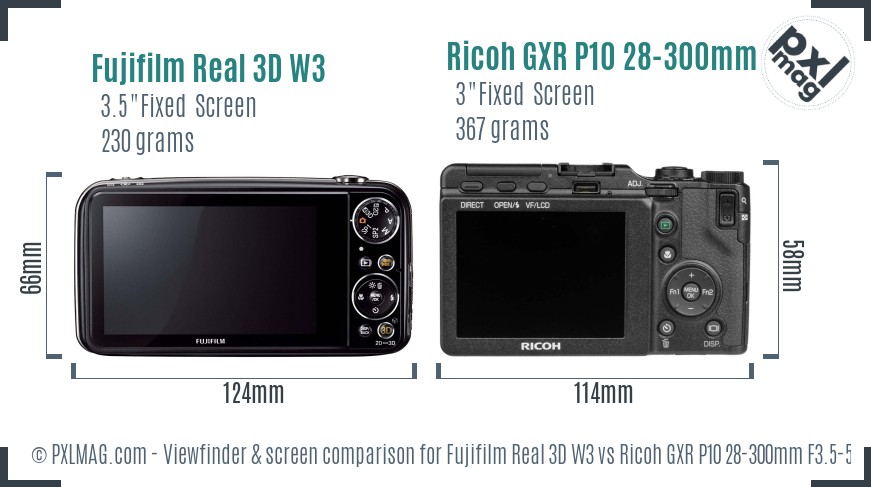 Fujifilm Real 3D W3 vs Ricoh GXR P10 28-300mm F3.5-5.6 VC Screen and Viewfinder comparison