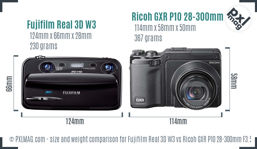 Fujifilm Real 3D W3 vs Ricoh GXR P10 28-300mm F3.5-5.6 VC size comparison