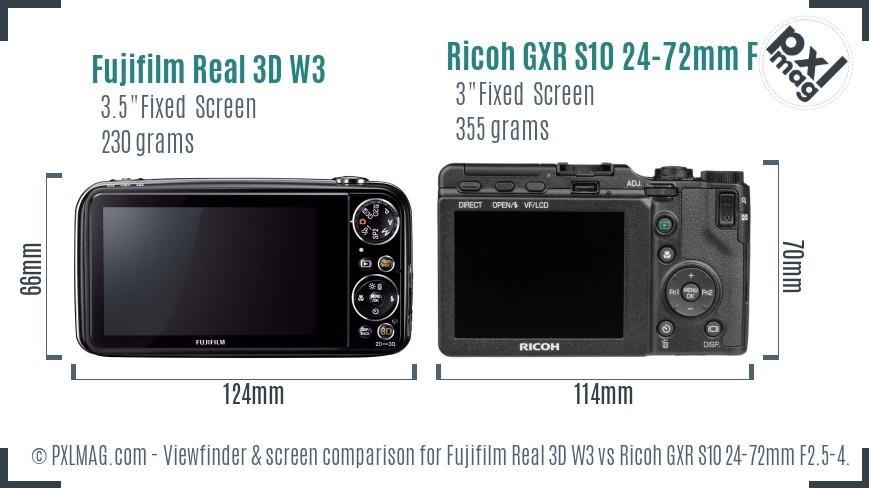 Fujifilm Real 3D W3 vs Ricoh GXR S10 24-72mm F2.5-4.4 VC Screen and Viewfinder comparison