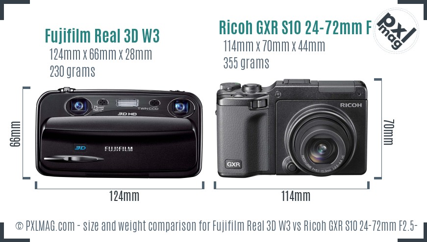 Fujifilm Real 3D W3 vs Ricoh GXR S10 24-72mm F2.5-4.4 VC size comparison Fujifilm Real 3D W3 vs Ricoh GXR S10 24-72mm F2.5-4.4 VC size comparison