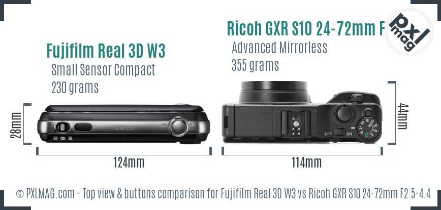 Fujifilm Real 3D W3 vs Ricoh GXR S10 24-72mm F2.5-4.4 VC top view buttons comparison