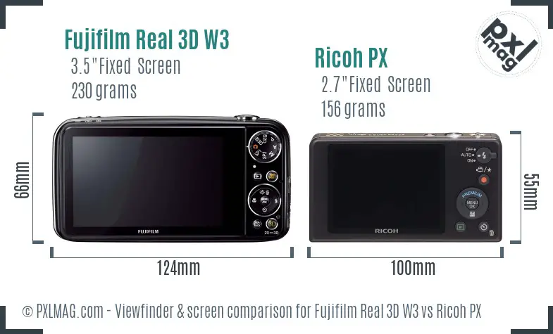 Fujifilm Real 3D W3 vs Ricoh PX Screen and Viewfinder comparison