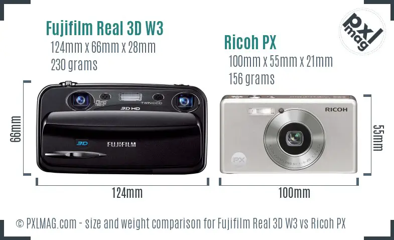 Fujifilm Real 3D W3 vs Ricoh PX size comparison