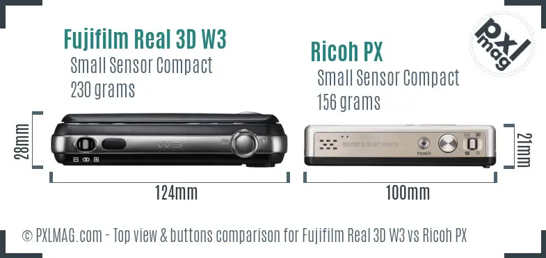 Fujifilm Real 3D W3 vs Ricoh PX top view buttons comparison