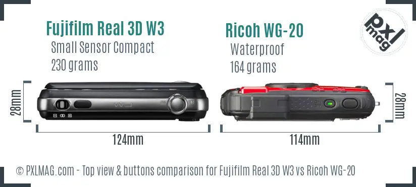 Fujifilm Real 3D W3 vs Ricoh WG-20 top view buttons comparison Fujifilm Real 3D W3 vs Ricoh WG-20 top view buttons comparison