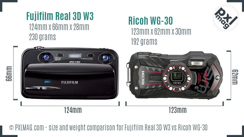 Fujifilm Real 3D W3 vs Ricoh WG-30 size comparison