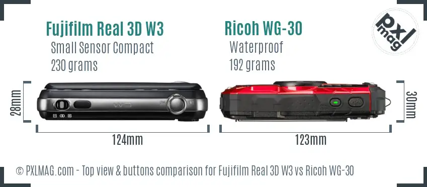 Fujifilm Real 3D W3 vs Ricoh WG-30 top view buttons comparison