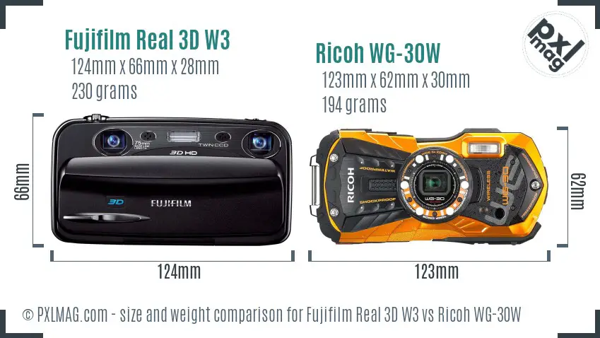 Fujifilm Real 3D W3 vs Ricoh WG-30W size comparison