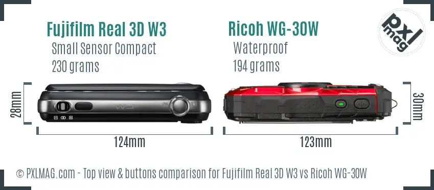 Fujifilm Real 3D W3 vs Ricoh WG-30W top view buttons comparison