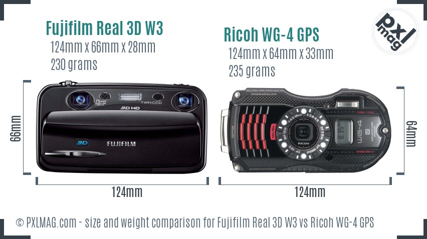 Fujifilm Real 3D W3 vs Ricoh WG-4 GPS size comparison