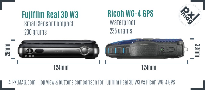 Fujifilm Real 3D W3 vs Ricoh WG-4 GPS top view buttons comparison