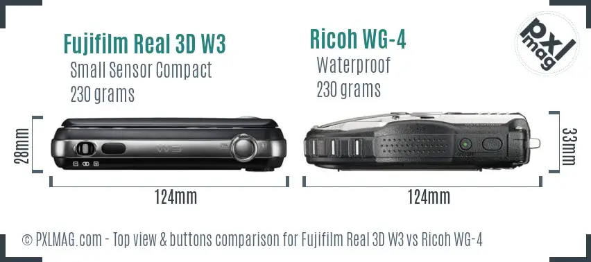 Fujifilm Real 3D W3 vs Ricoh WG-4 top view buttons comparison Fujifilm Real 3D W3 vs Ricoh WG-4 top view buttons comparison