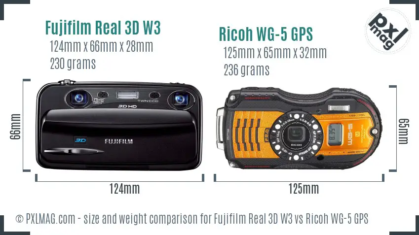 Fujifilm Real 3D W3 vs Ricoh WG-5 GPS size comparison