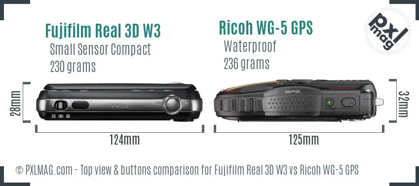 Fujifilm Real 3D W3 vs Ricoh WG-5 GPS top view buttons comparison