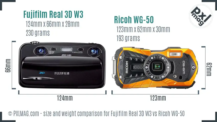 Size and Ergonomics of Fujifilm Real 3D W3 and Ricoh WG-50