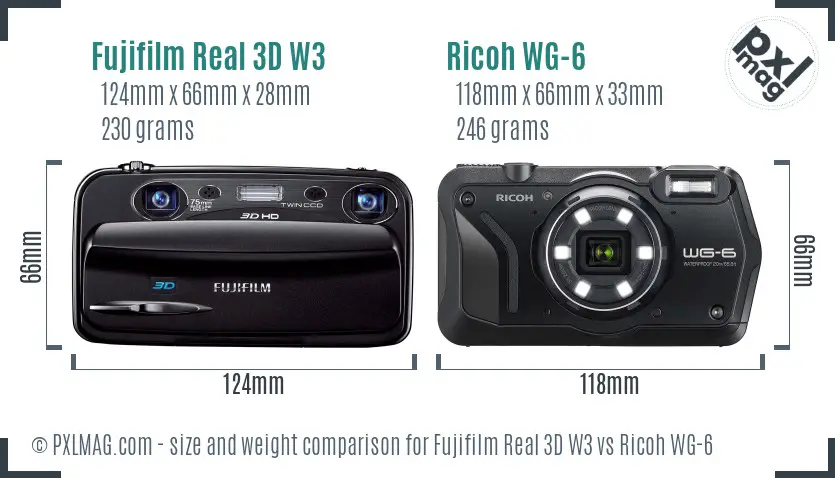 Fujifilm Real 3D W3 vs Ricoh WG-6 size comparison